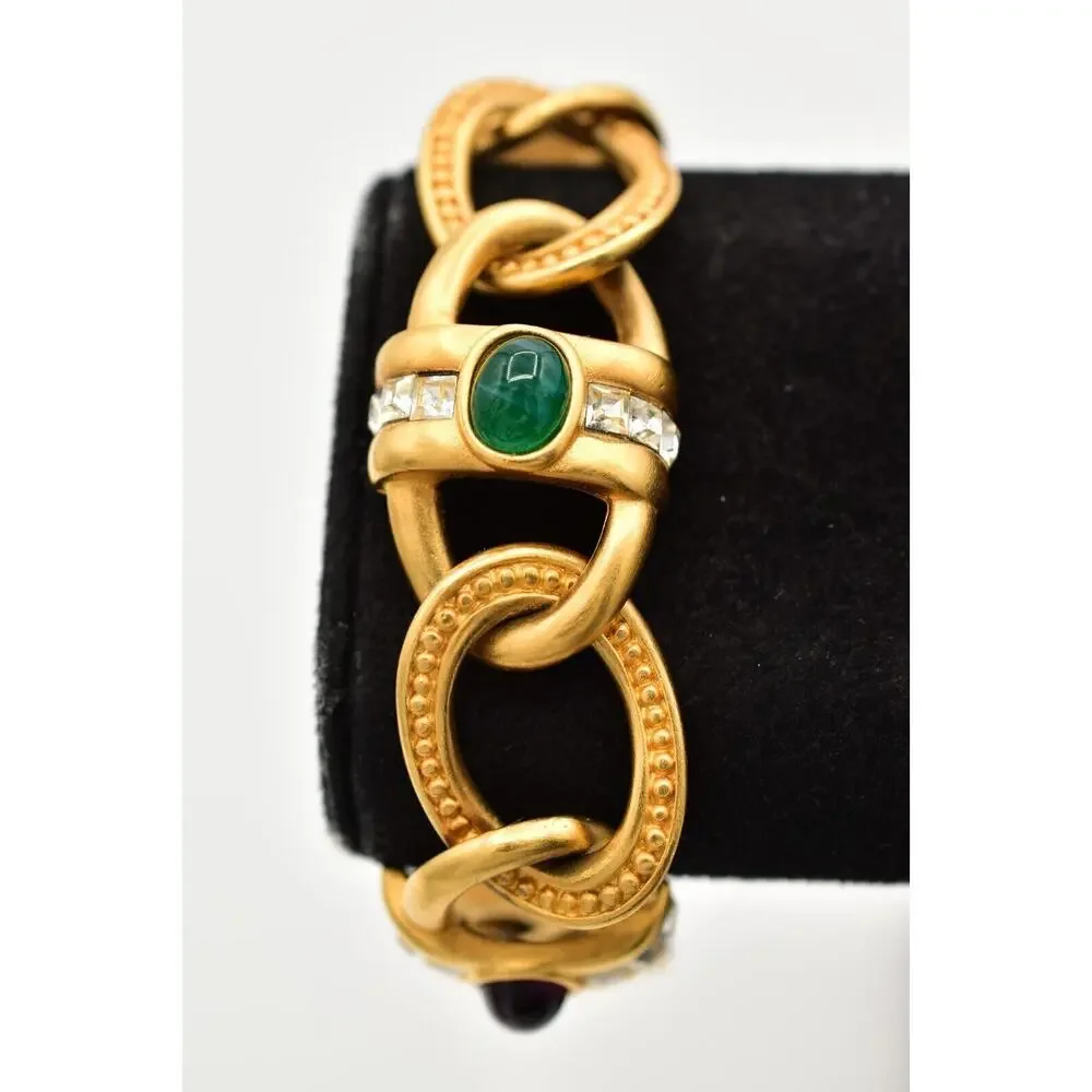 Givenchy Vintage Cabochon Bracelet Multi-Color Brushed Gold Crystal Signed BinAD